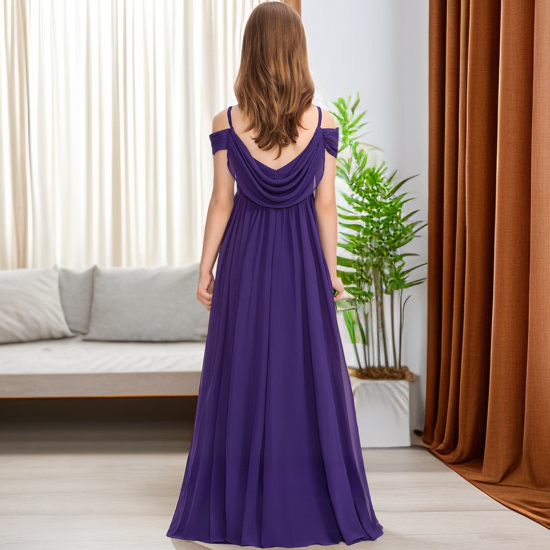 A-Line Cold Shoulder Cowl Floor-Length Chiffon Junior Bridesmaid Dress/Girls Birthday Dresses With Pleated Girls Gidiondress