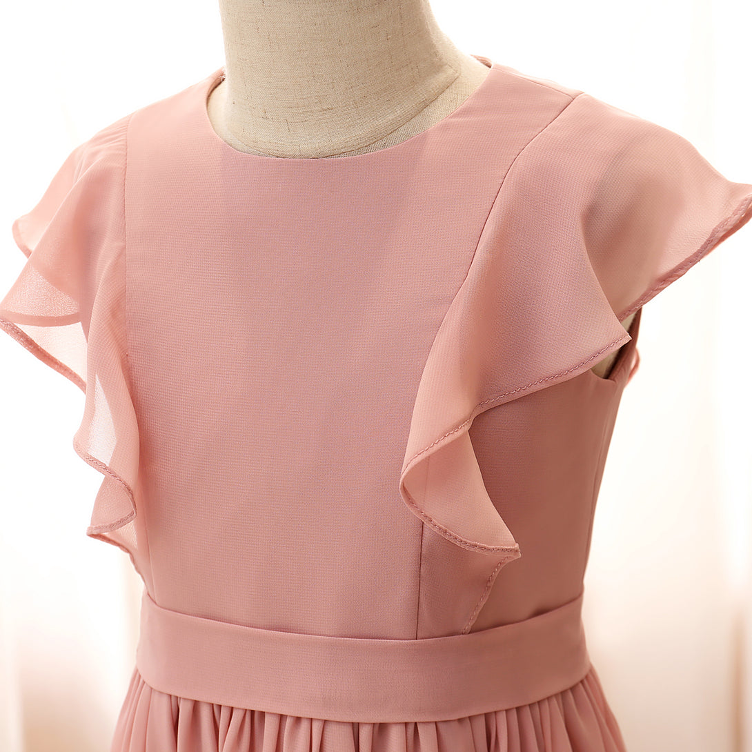 Boat Neck Flutter Straps Floor-Length Chiffon Girls Birthday Dresses With Ruffled Hem/Belt Gidiondress