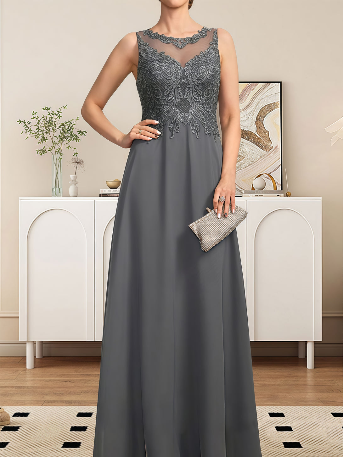 A-Line Scoop Neck Illusion Flutter Straps Floor-Length Lace/Chiffon/Sequins Mother of the Bride Dress With Appliques/Jacket BabaMila