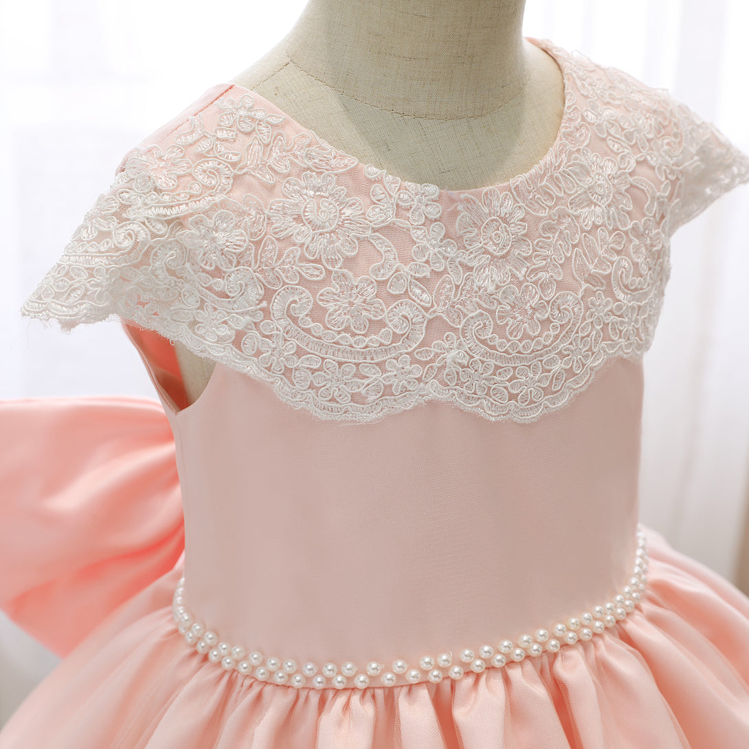 Scoop Neck Cap Sleeve Knee-Length Satin/Lace Girls Birthday Dresses With Bow/Beads Belt/Appliques Gidiondress