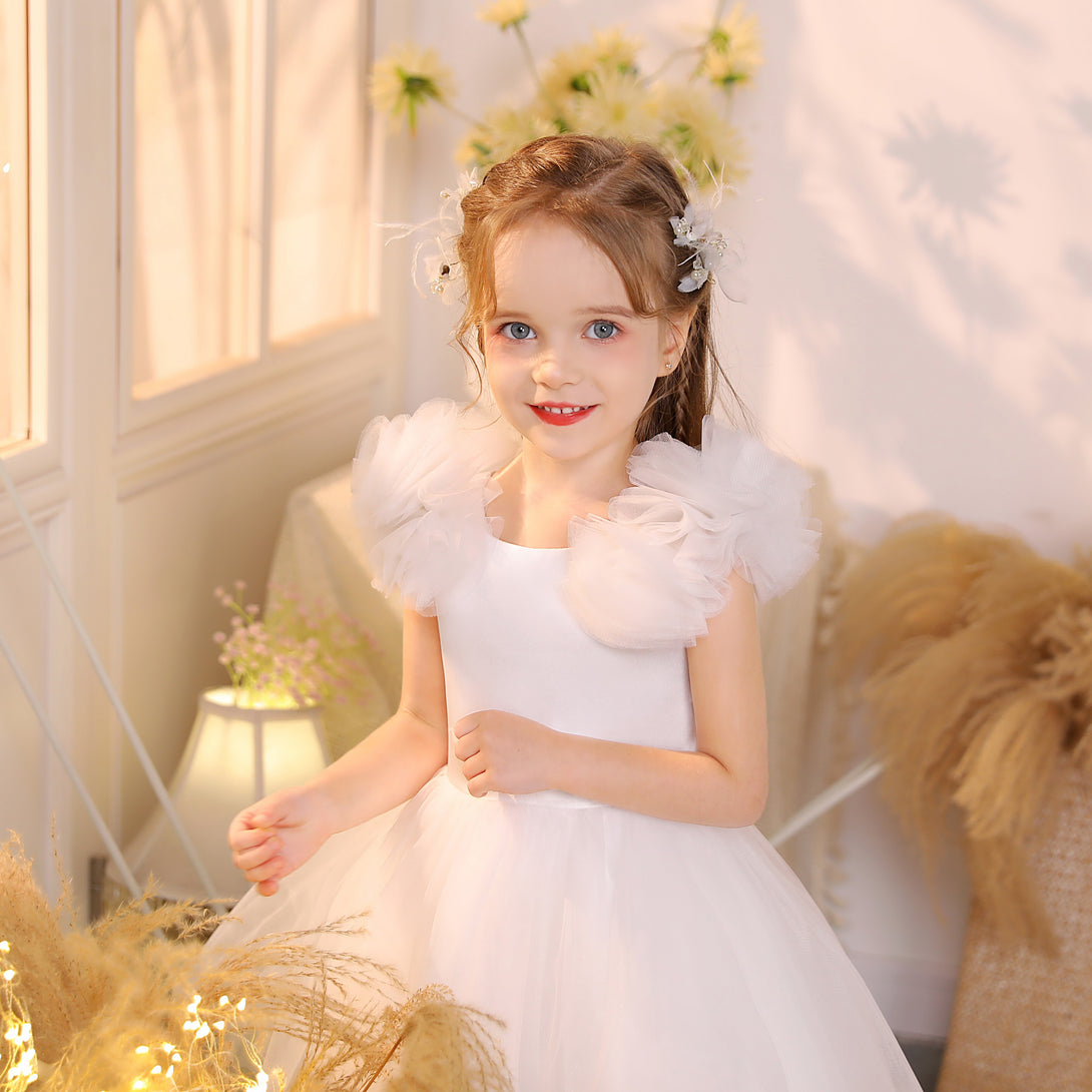3D Tulle Flower Round Neck Sleeveless Dresses Girls Gidiondress