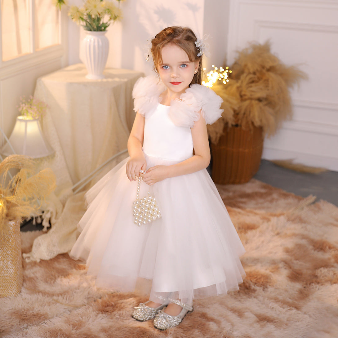 3D Tulle Flower Round Neck Sleeveless Dresses Girls Gidiondress Ivory 12M