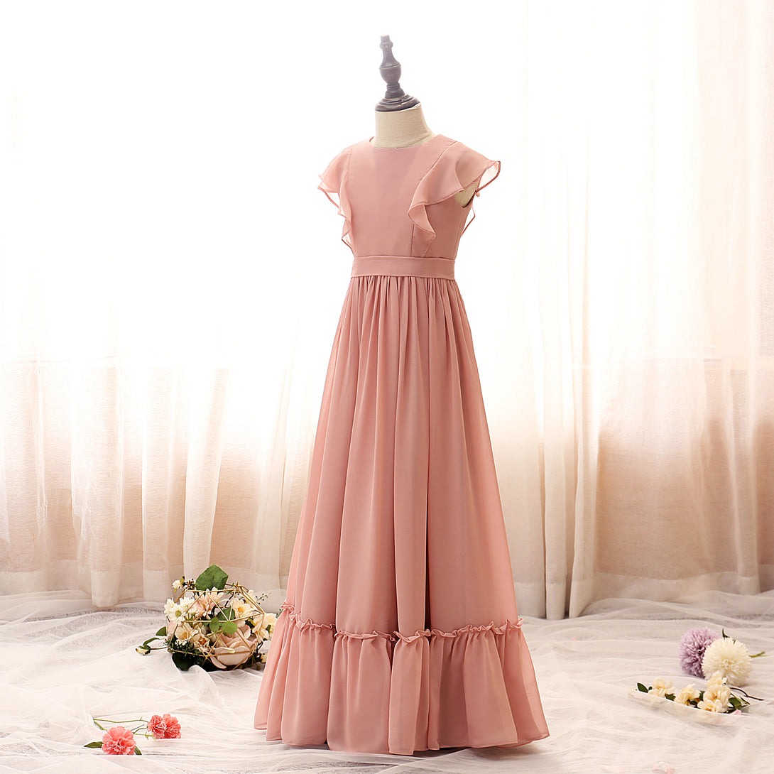 Boat Neck Flutter Straps Floor-Length Chiffon Girls Birthday Dresses With Ruffled Hem/Belt Gidiondress