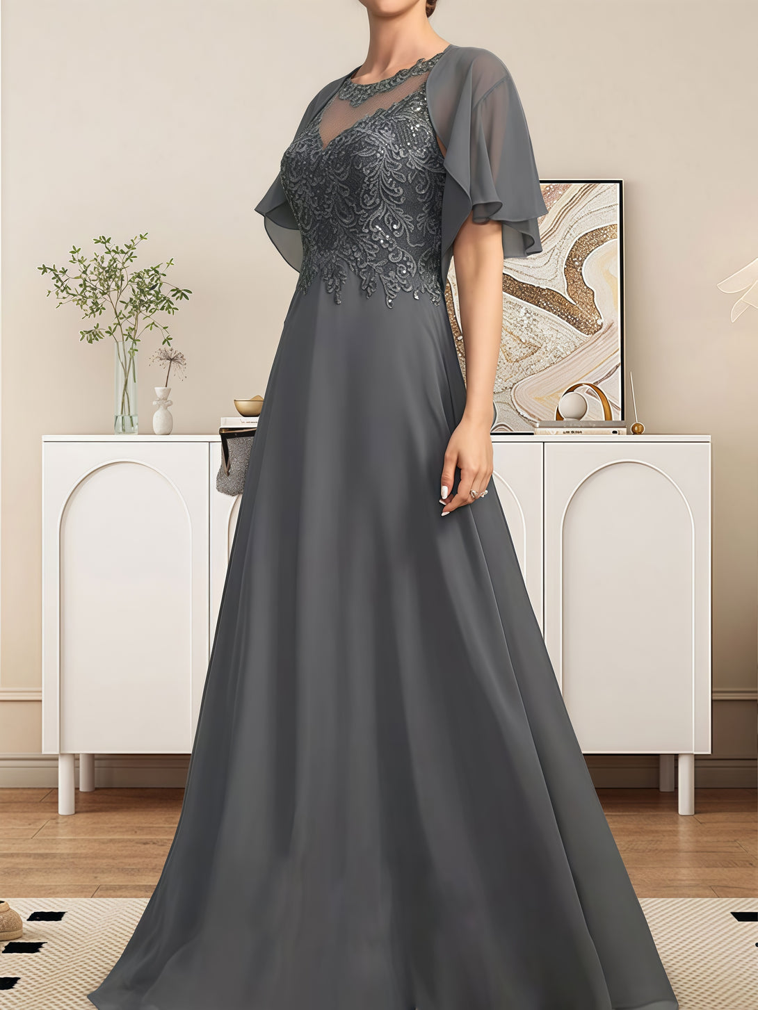 A-Line Scoop Neck Illusion Flutter Straps Floor-Length Lace/Chiffon/Sequins Mother of the Bride Dress With Appliques/Jacket BabaMila