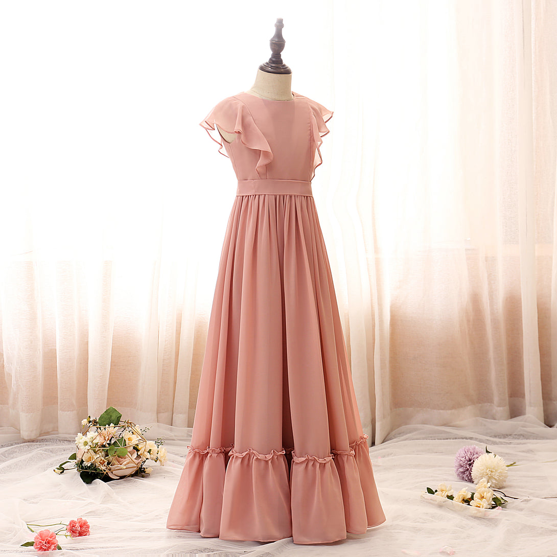 Boat Neck Flutter Straps Floor-Length Chiffon Girls Birthday Dresses With Ruffled Hem/Belt Gidiondress