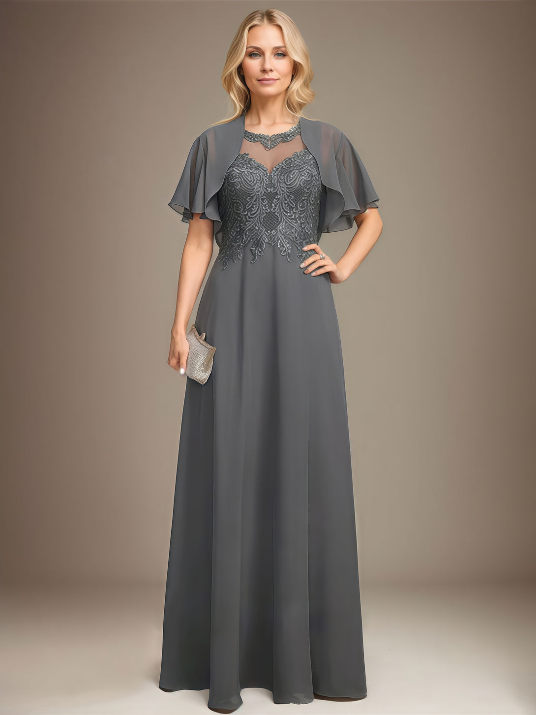 A-Line Scoop Neck Illusion Flutter Straps Floor-Length Lace/Chiffon/Sequins Mother of the Bride Dress With Appliques/Jacket BabaMila