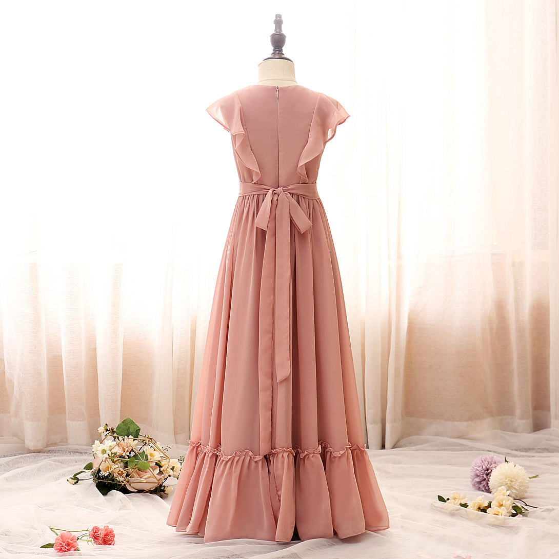 Boat Neck Flutter Straps Floor-Length Chiffon Girls Birthday Dresses With Ruffled Hem/Belt Gidiondress