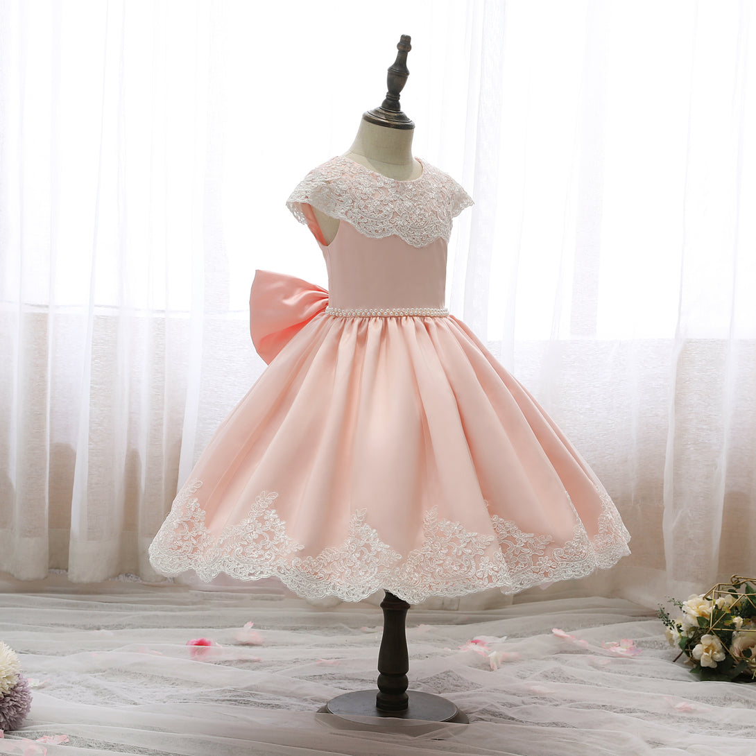 Scoop Neck Cap Sleeve Knee-Length Satin/Lace Girls Birthday Dresses With Bow/Beads Belt/Appliques Gidiondress