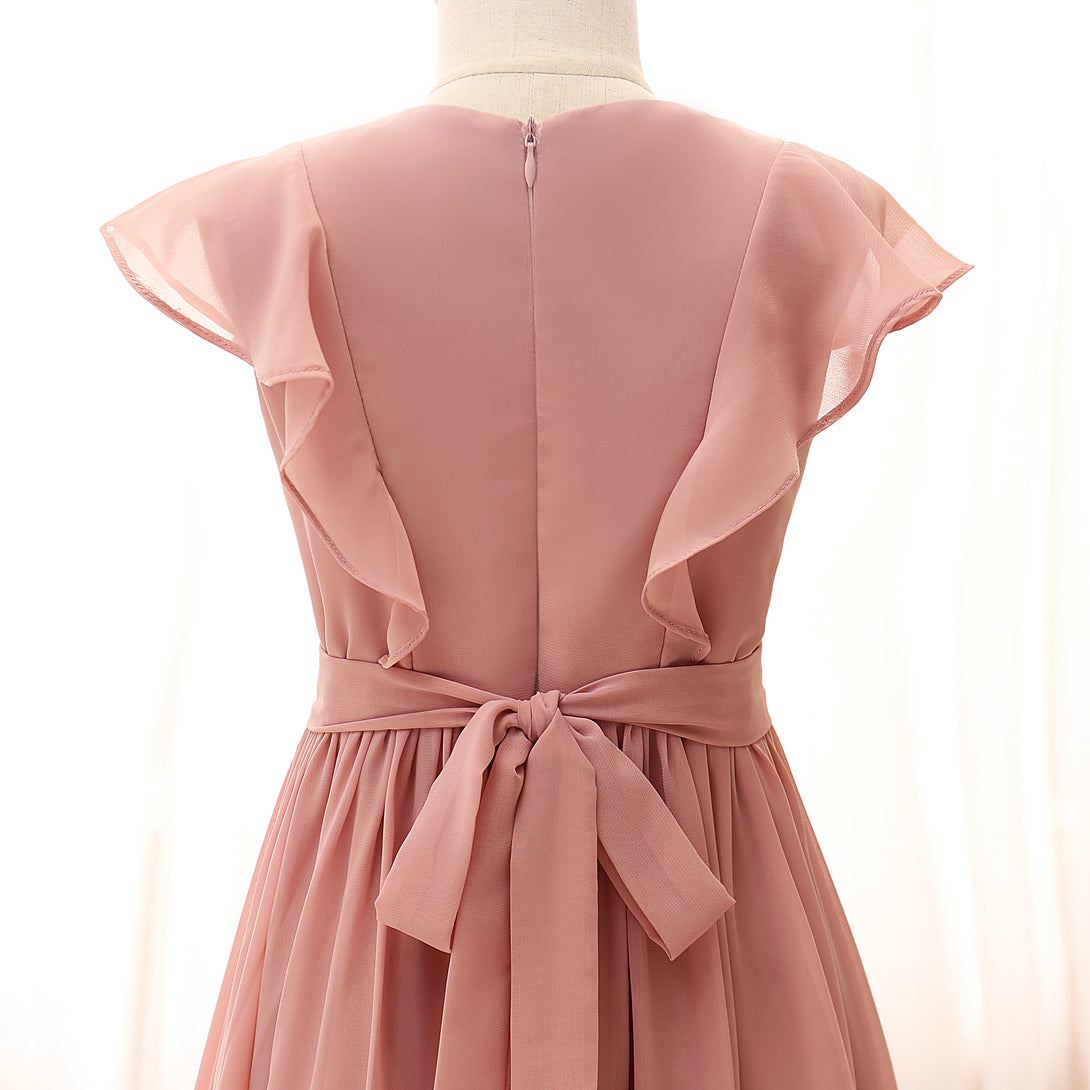 Boat Neck Flutter Straps Floor-Length Chiffon Girls Birthday Dresses With Ruffled Hem/Belt Gidiondress