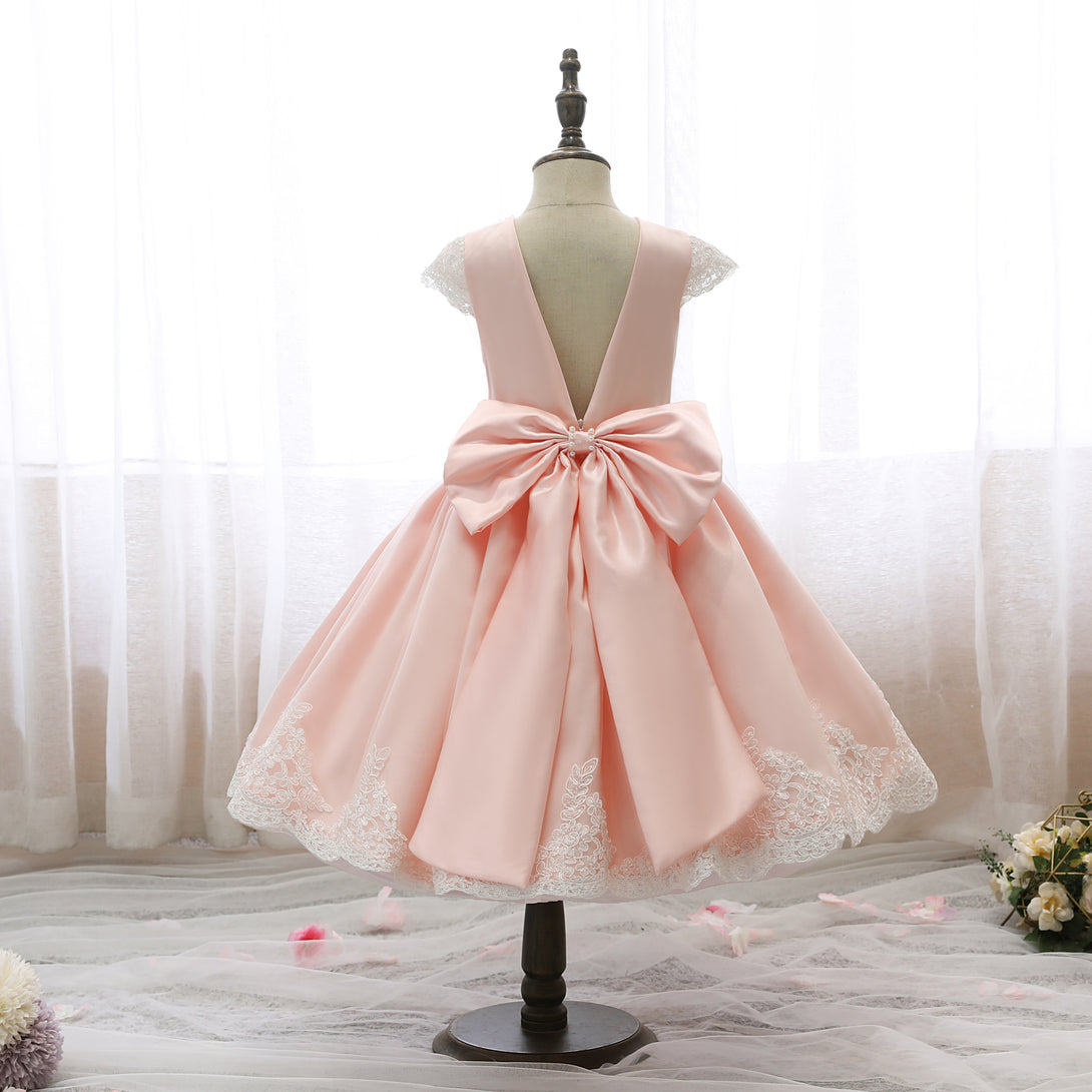 Scoop Neck Cap Sleeve Knee-Length Satin/Lace Girls Birthday Dresses With Bow/Beads Belt/Appliques Gidiondress