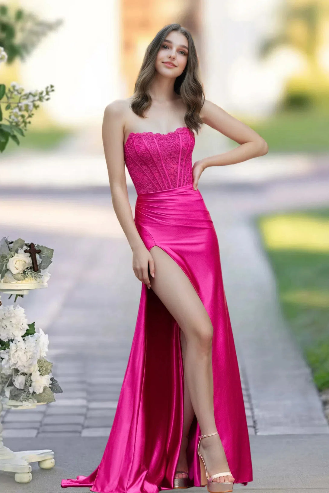 Fuchsia Sheath/Column Cowl Neck Sleeveless Sweep Train Satin Prom Dress with Pleated Split BabaMila