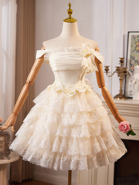 A-Line Off Shoulder Tulle Lace Short Champagne Prom Dress, Cute Homecoming Dress Homecoming Dress BabaMila