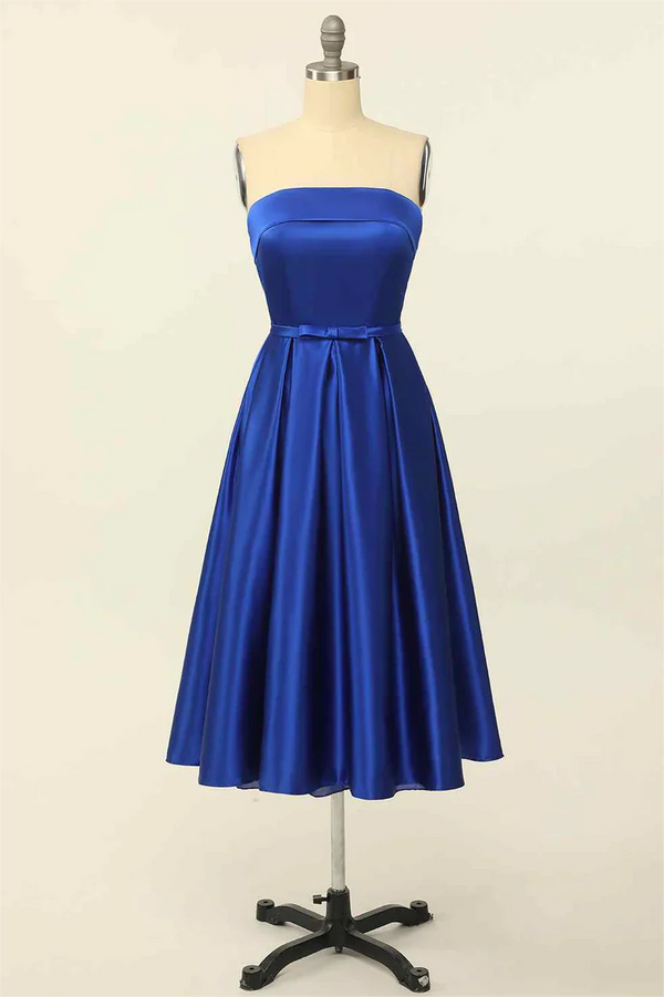 A-line Fold Strapless Lace-up Back Satin Tea Length Homecoming Dress BabaMila