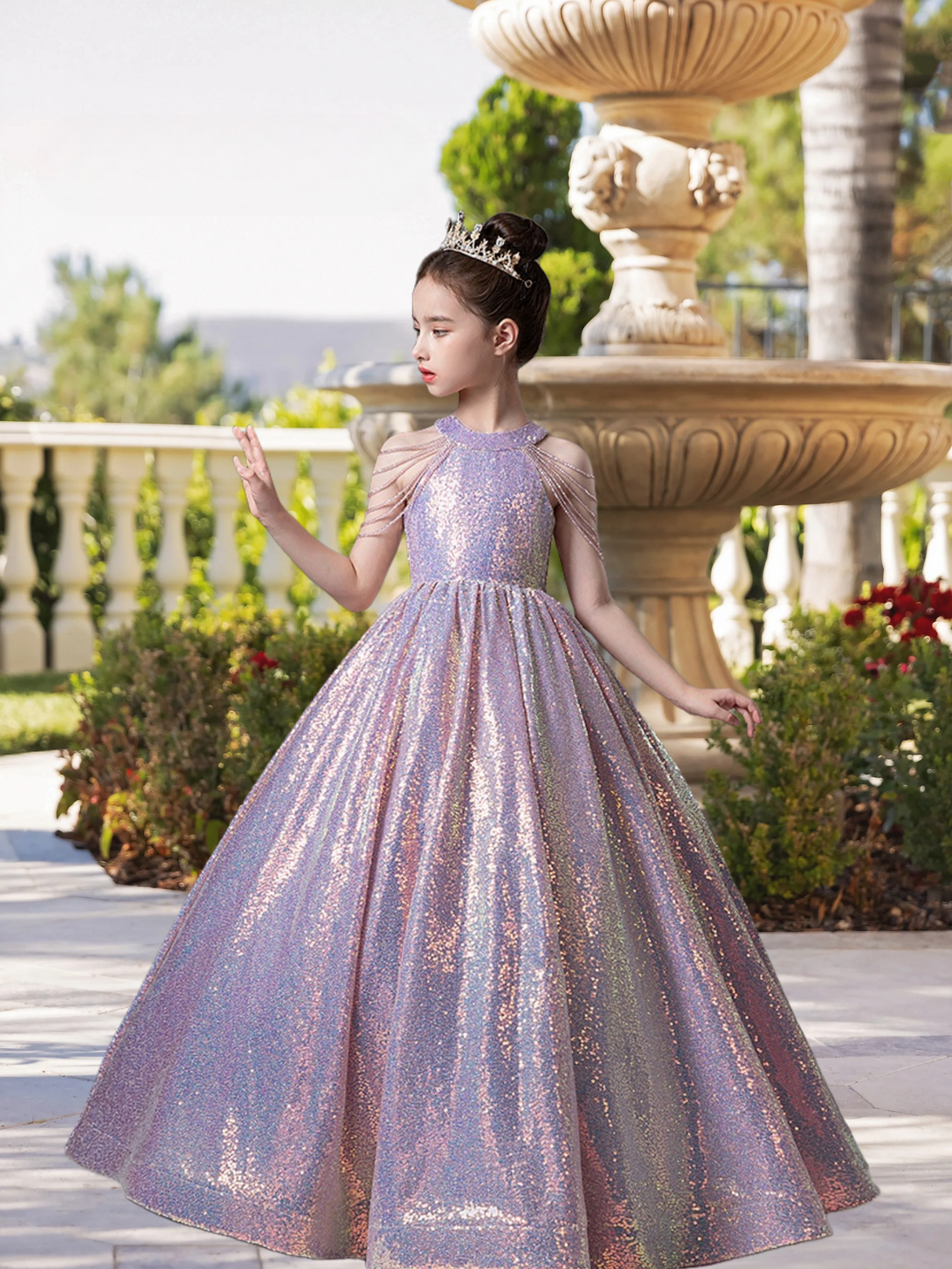 Dazzling Halter Cold Shoulder Floor-Length Sequined Lace Ball Gown/Princess With Beads Gidiondress