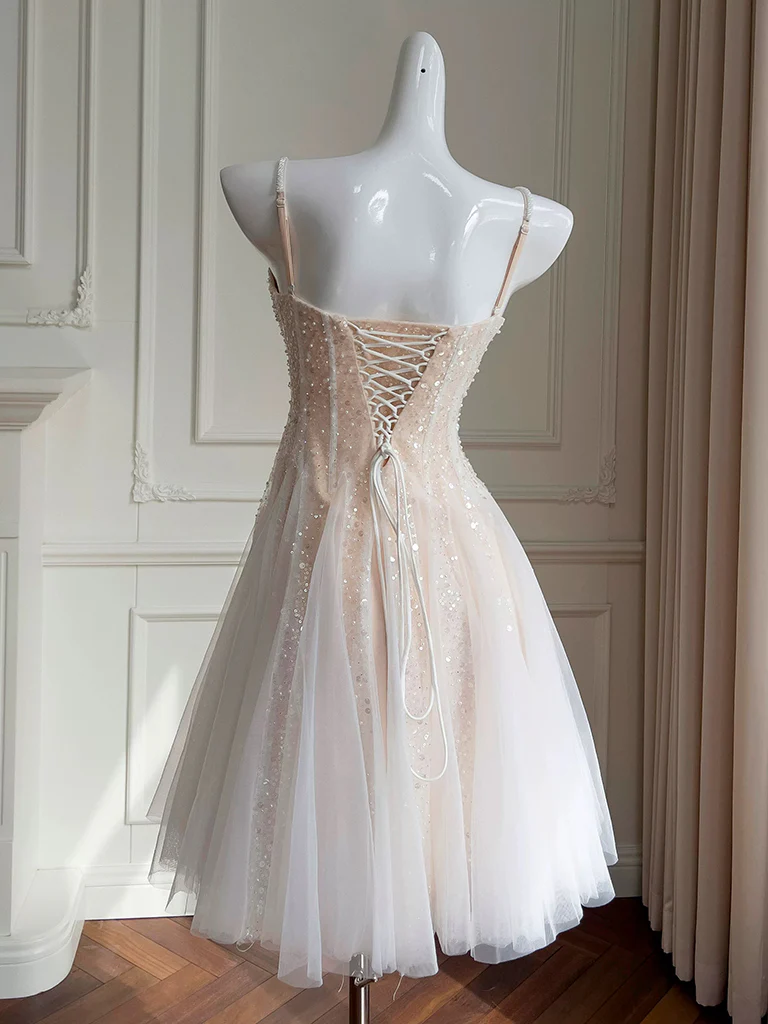 A-Line Sweetheart Neck Tulle Sequin Champagne Short Prom Dress, Cute Homecoming Dress Homecoming Dress BabaMila