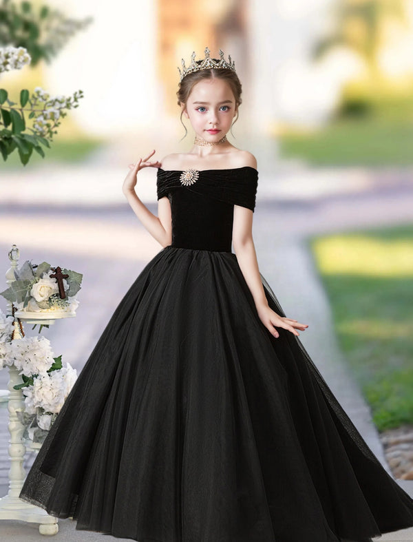 Ball Gown Off-the-Ohoulder Floor-Length Velvet/Tulle Girls Birthday Dresses With Beads Girls Gidiondress