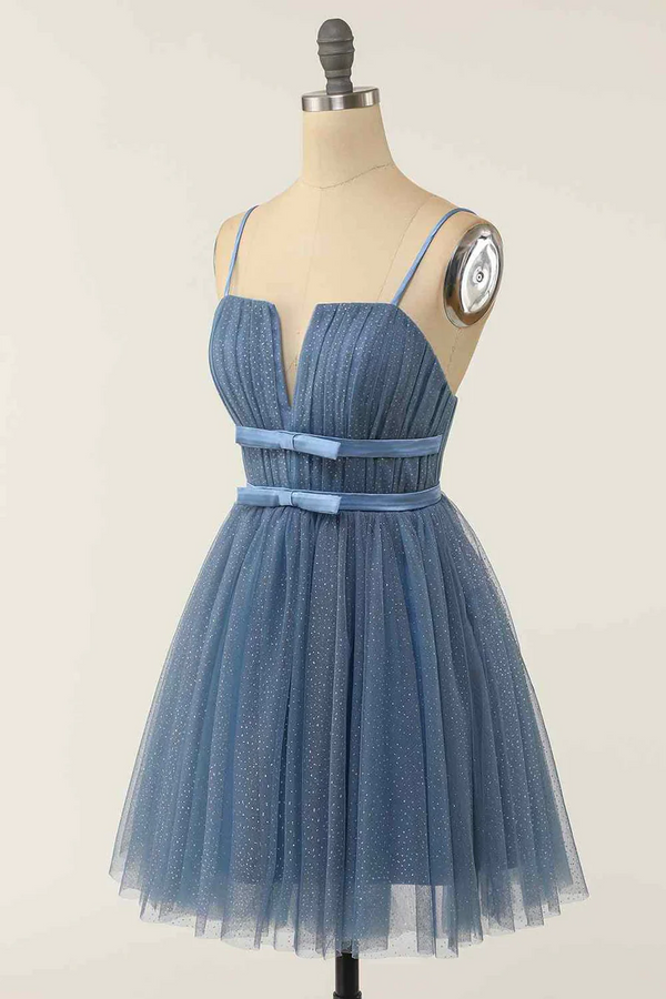 A-line V Neck Pleated Double Bow Tie Sash Homecoming Dress BabaMila