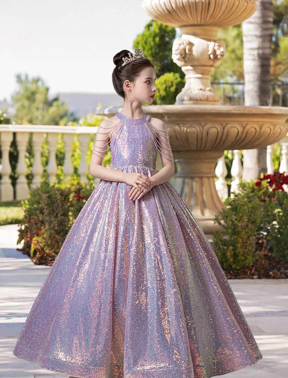 Dazzling Halter Cold Shoulder Floor-Length Sequined Lace Ball Gown/Princess With Beads Gidiondress