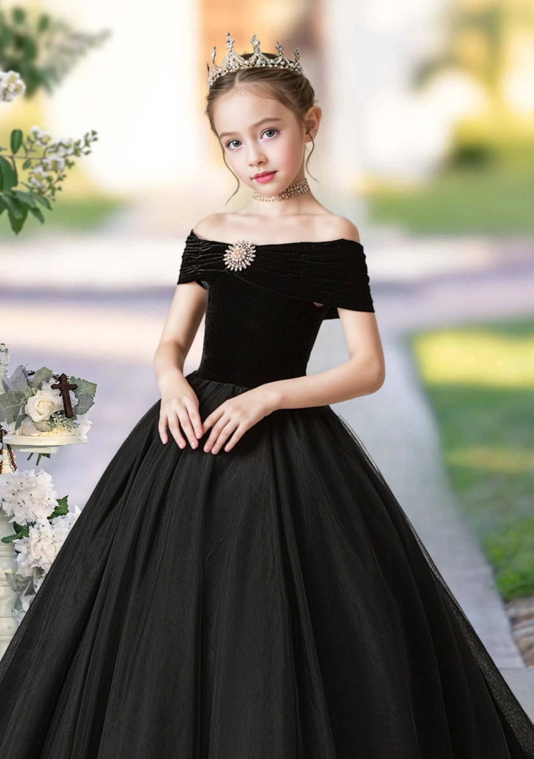 Ball Gown Off-the-Ohoulder Floor-Length Velvet/Tulle Girls Birthday Dresses With Beads Girls Gidiondress
