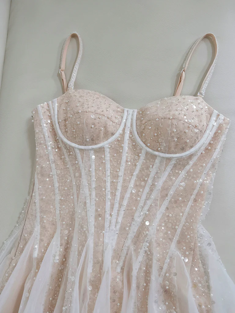 A-Line Sweetheart Neck Tulle Sequin Champagne Short Prom Dress, Cute Homecoming Dress Homecoming Dress BabaMila