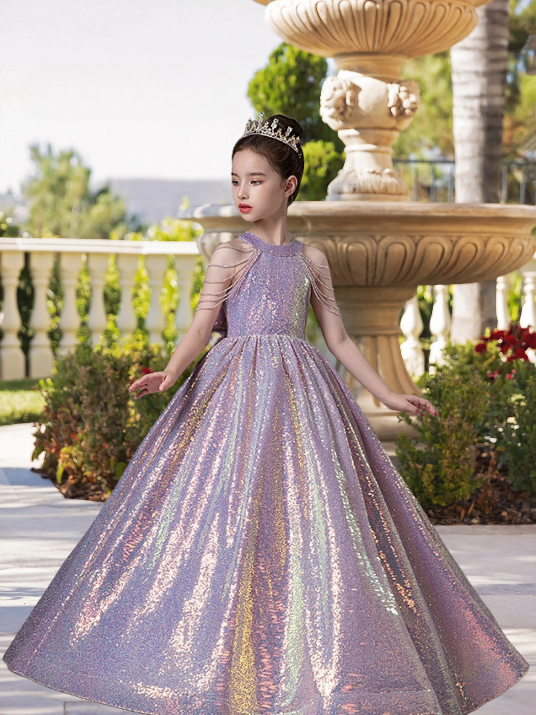 Dazzling Halter Cold Shoulder Floor-Length Sequined Lace Ball Gown/Princess With Beads Gidiondress