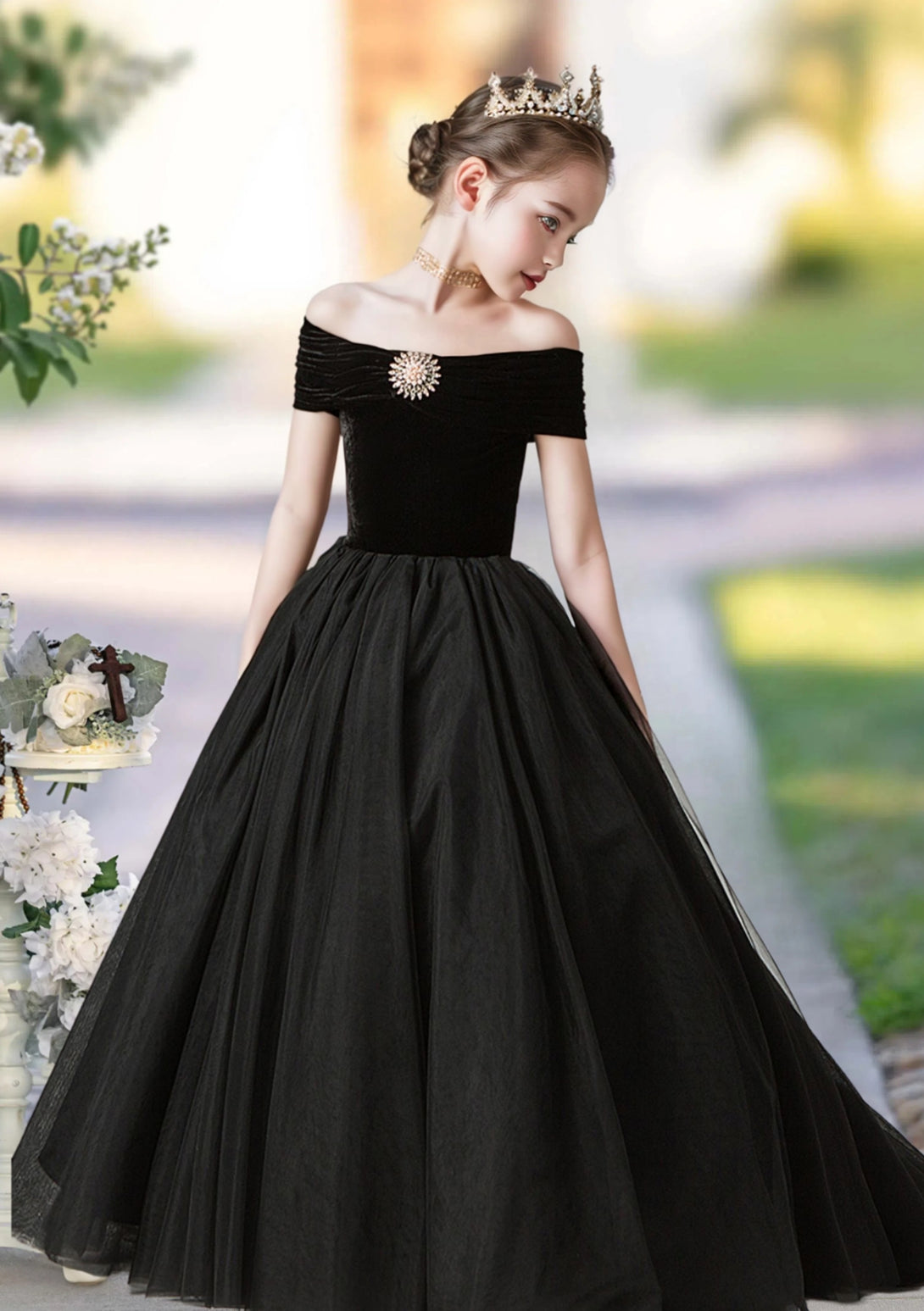 Ball Gown Off-the-Ohoulder Floor-Length Velvet/Tulle Girls Birthday Dresses With Beads Girls Gidiondress as picture 12M