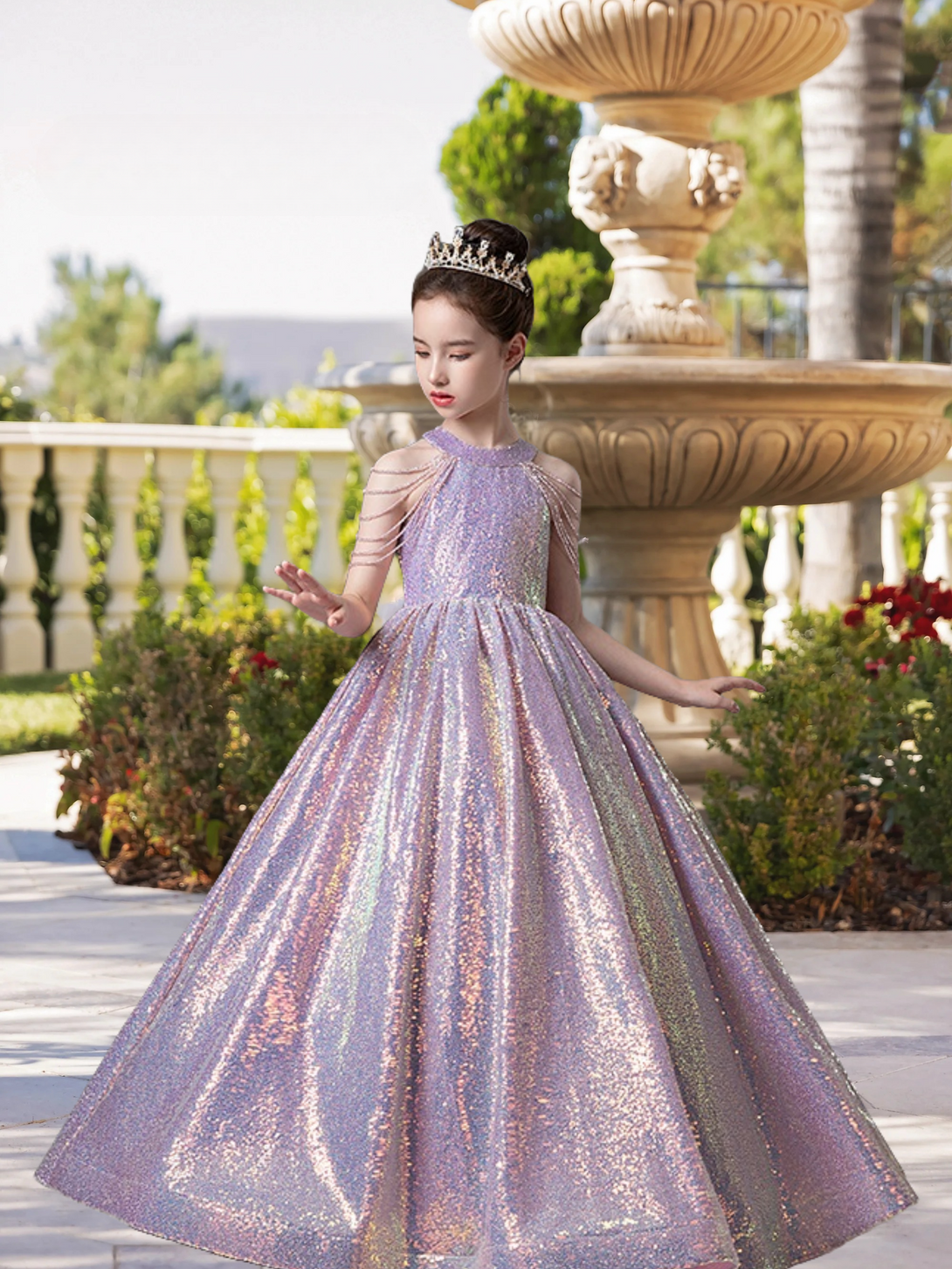 Dazzling Halter Cold Shoulder Floor-Length Sequined Lace Ball Gown/Princess With Beads Gidiondress