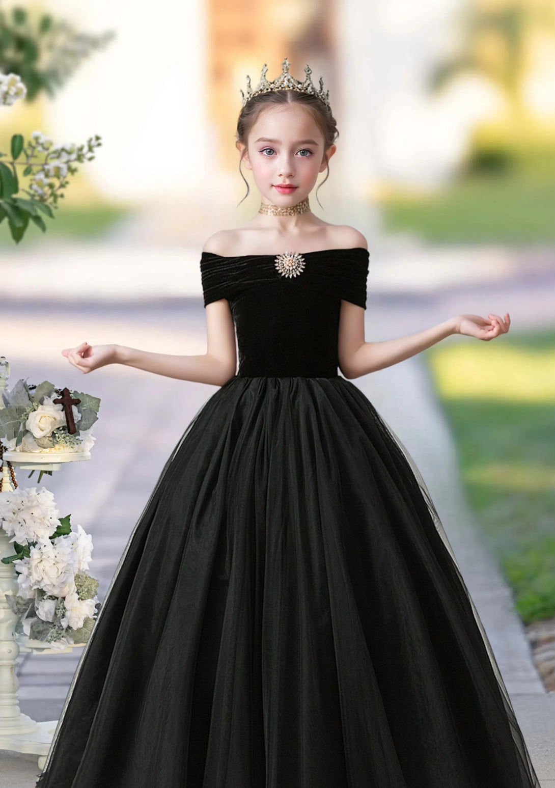 Ball Gown Off-the-Ohoulder Floor-Length Velvet/Tulle Girls Birthday Dresses With Beads Girls Gidiondress