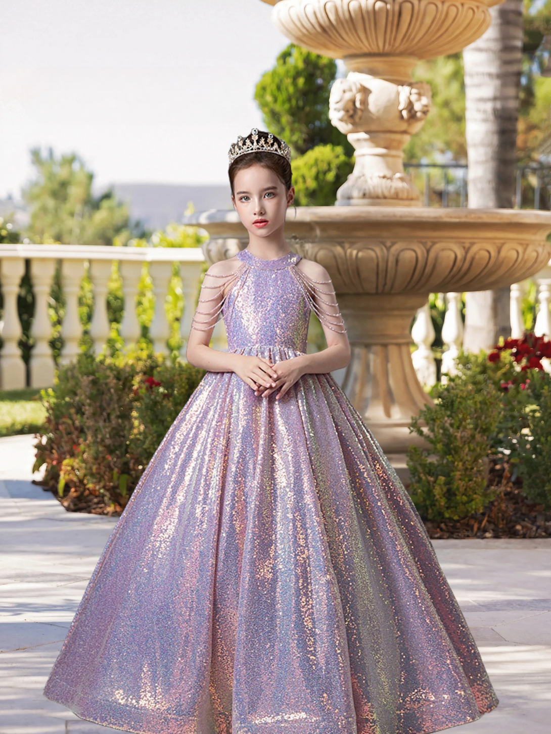 Dazzling Halter Cold Shoulder Floor-Length Sequined Lace Ball Gown/Princess With Beads Gidiondress as picture 12M