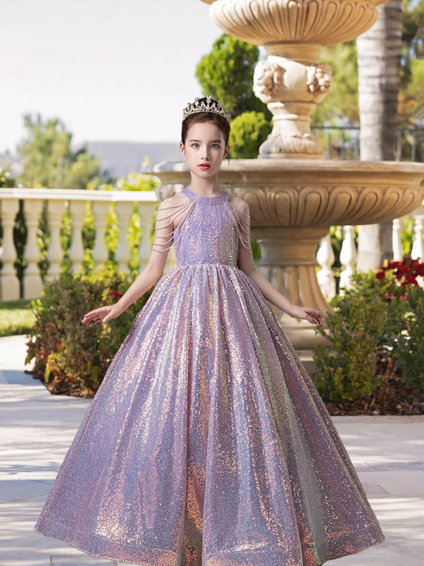 Dazzling Halter Cold Shoulder Floor-Length Sequined Lace Ball Gown/Princess With Beads Gidiondress