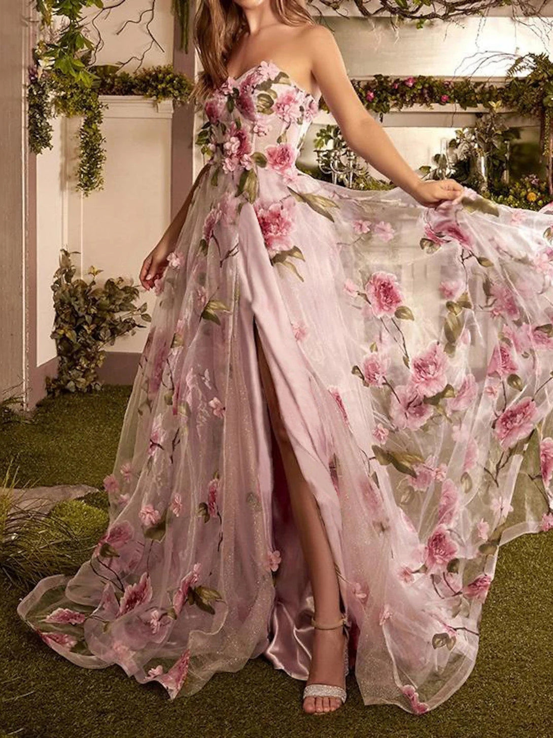 A-Line/Princess Strapless Long Prom Floral Dresses With Split Side BabaMila