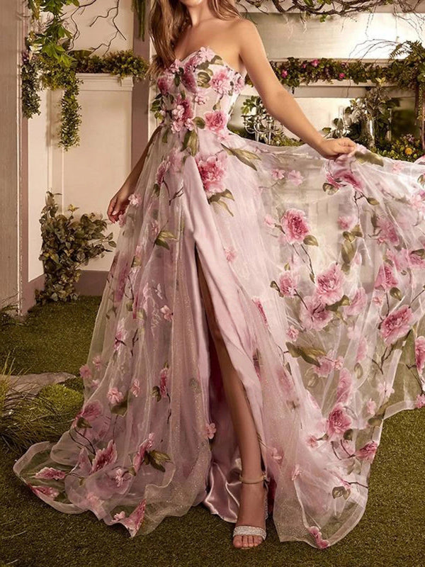 A-Line/Princess Strapless Long Prom Floral Dresses With Split Side BabaMila