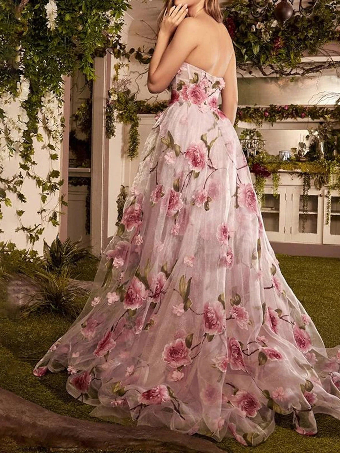 A-Line/Princess Strapless Long Prom Floral Dresses With Split Side BabaMila