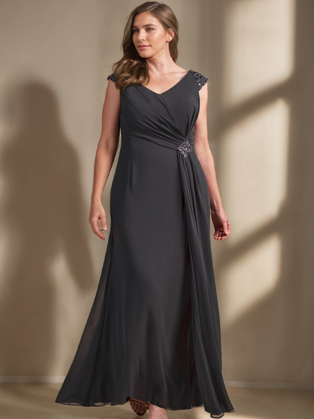 A-Line/Princess V-Neck Sleeveless Floor-Length Plus Size Mother Of The Bride Dresses With Sequins And Ruffles BabaMila