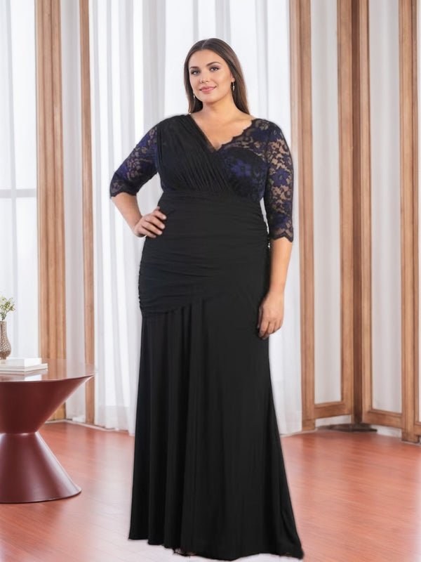 Sheath/Column V-Neck Half Sleeves Floor-Length Plus Size Mother Of The Bride Dresses With Appliques And Ruffles BabaMila