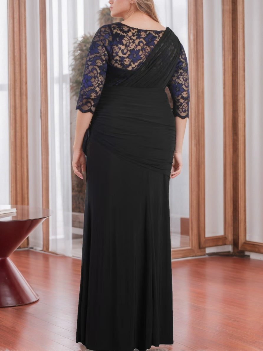Sheath/Column V-Neck Half Sleeves Floor-Length Plus Size Mother Of The Bride Dresses With Appliques And Ruffles BabaMila