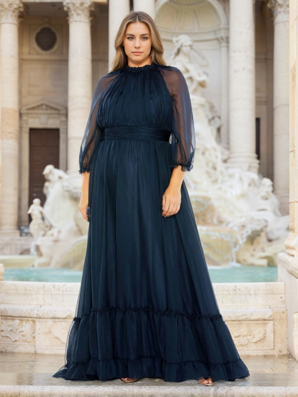 A-Line/Princess Halter 3/4 Length Sleeves Floor-Length Plus Size Mother Of The Bride Dresses With Ruffles BabaMila