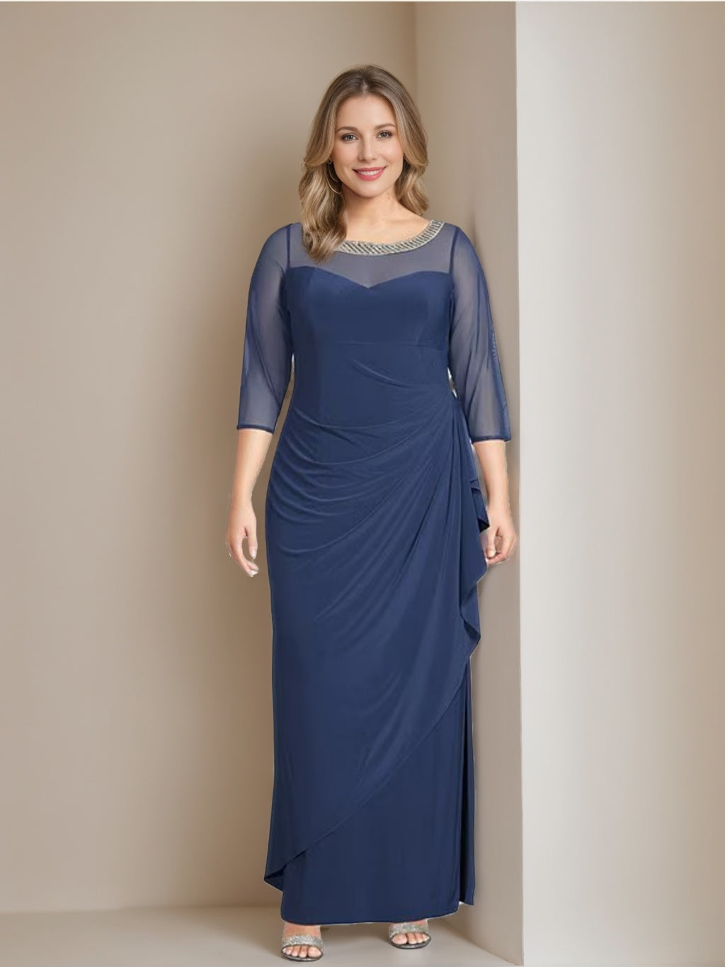 Sheath/Column Scoop 3/4 Length Sleeves Ankle-Length Plus Size Mother Of The Bride Dresses With Ruffles BabaMila