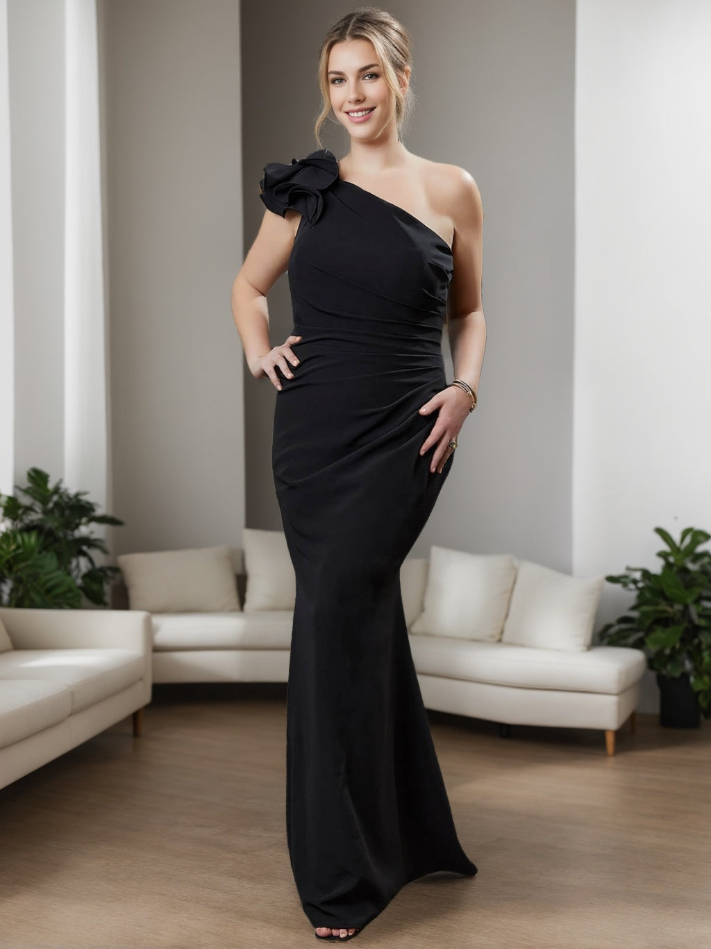 Sheath/Column One-Shoulder Sleeveless Plus Size Mother Of The Bride Dresses With Ruffles BabaMila