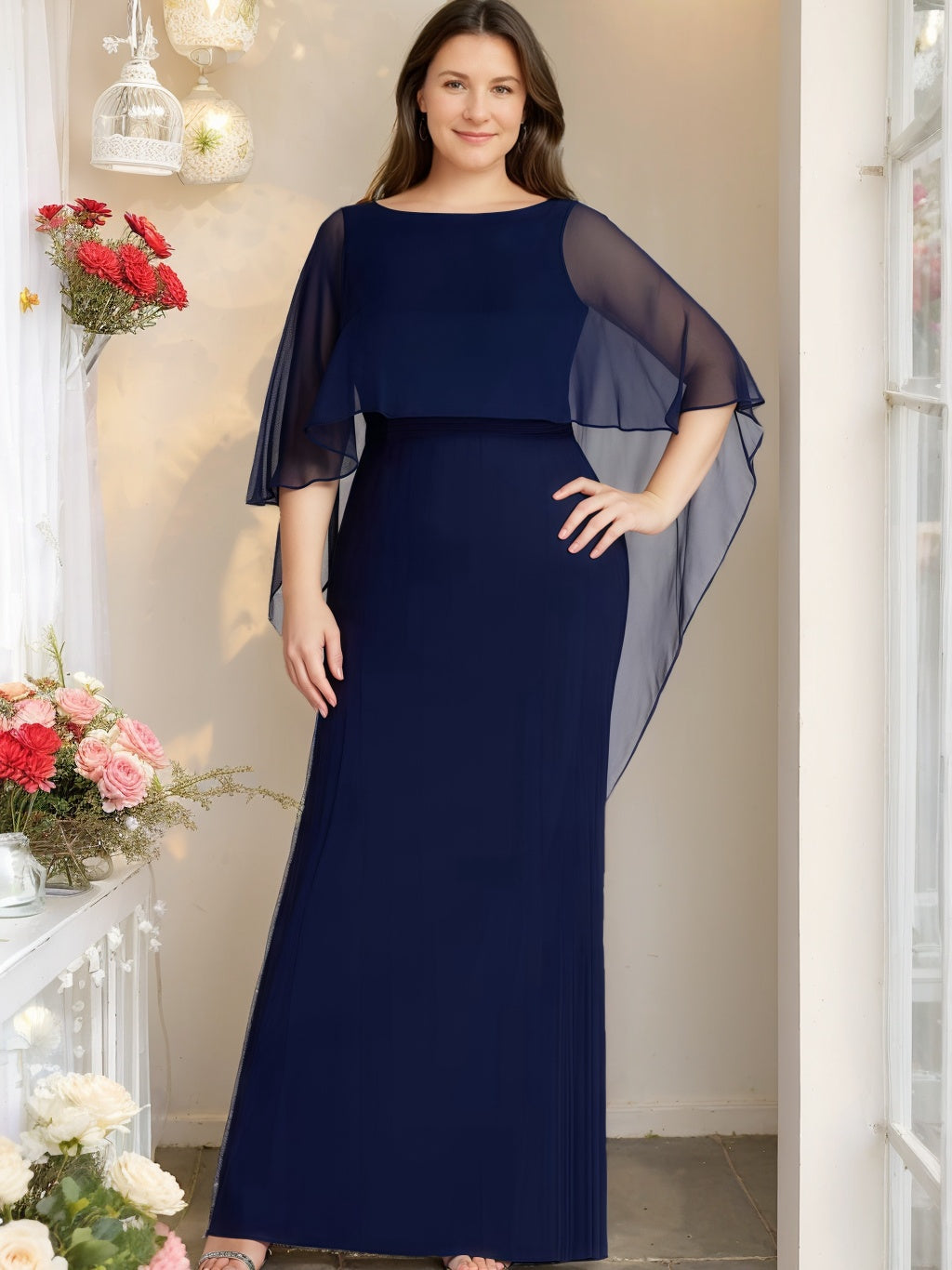 Sheath/Column Scoop Neck Half Sleeves Plus Size Mother Of The Bride Dresses BabaMila