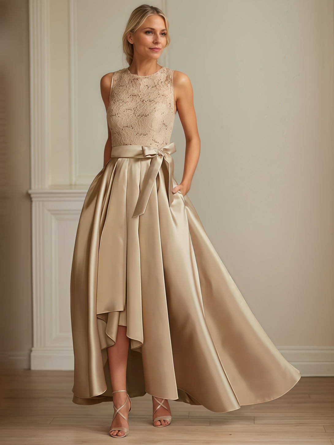Exquisite Scoop Neck Sleeveless Asymmetrical Lace/Satin Mother of the Bride Dress With Belt/Cascading Ruffles BabaMila