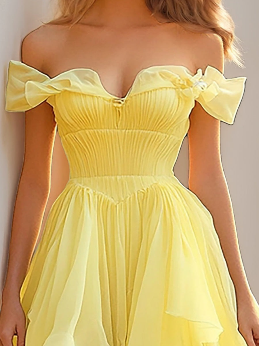 A-Line/Princess Off-the-shoulder Ruched Asymmetrical Prom Dresses with Ruffles/Pleated BabaMila