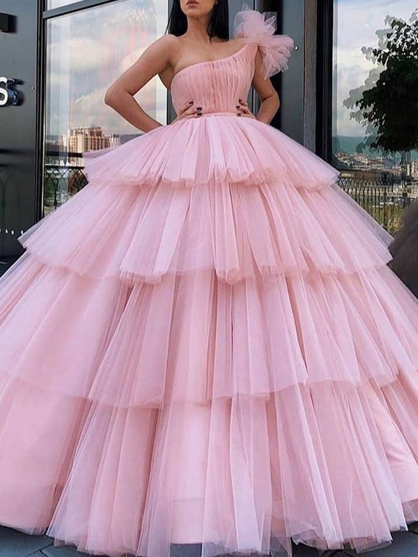 Ball Gown One-Shoulder Tulle Floor-length Long Prom Dresses With Ruffles BabaMila