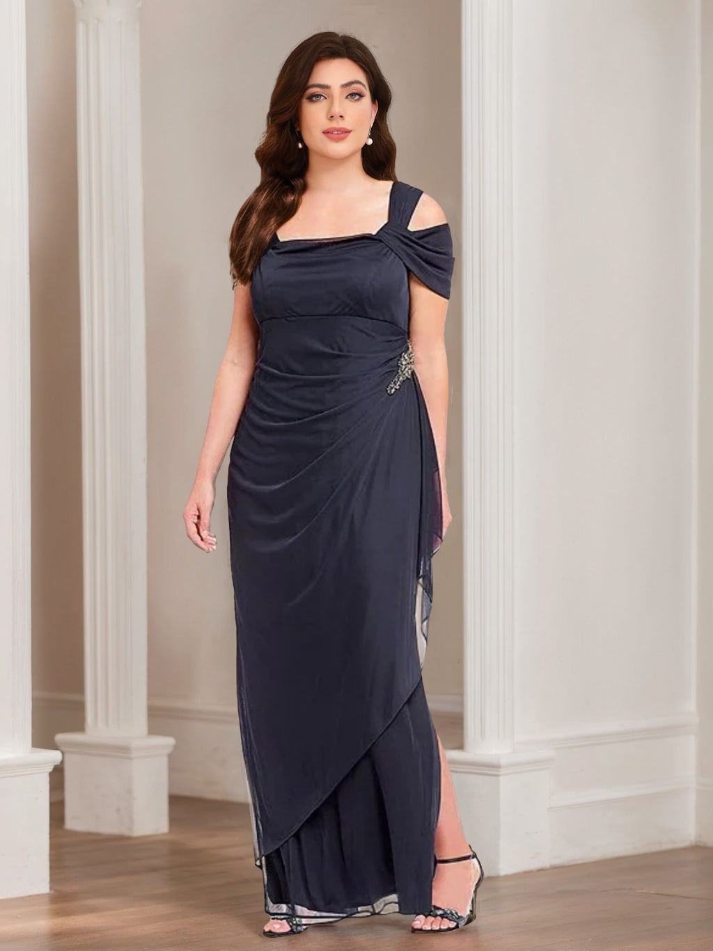 Sheath/Column Cold-Shoulder Ankle-Length Plus Size Mother Of The Bride Dresses With Ruffles BabaMila