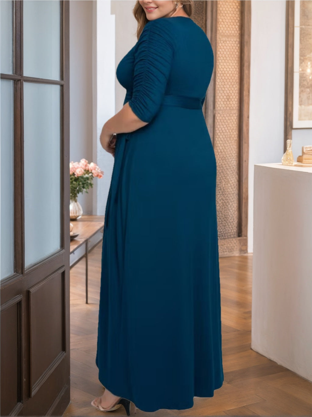 A-Line/Princess V-Neck Half Sleeves Asymmetrical Unique Plus Size Mother Of The Bride Dresses With Ruffles BabaMila