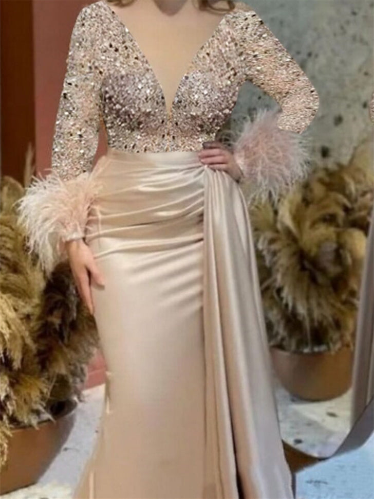 Mermaid/Trumpet V Neck Long Sleeve Court Train Mother Of The Bride Dresses Satin With Feather Glitter Ruched BabaMila
