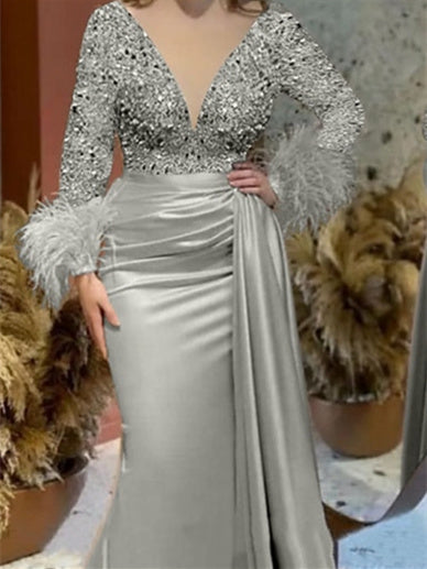 Mermaid/Trumpet V Neck Long Sleeve Court Train Mother Of The Bride Dresses Satin With Feather Glitter Ruched BabaMila