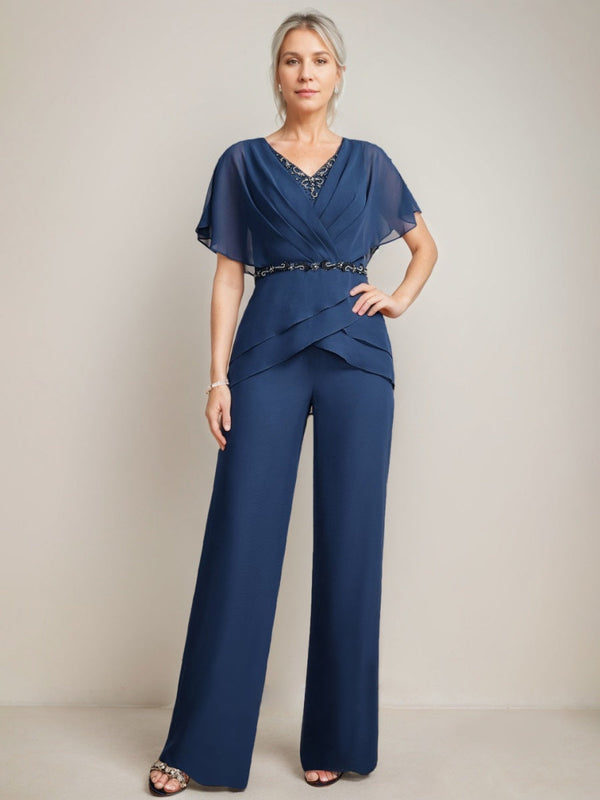 2 Pieces V-Neck Ruched Flutter Sleeves Floor-Length Beading Mother Of The Bride Pantsuits BabaMila