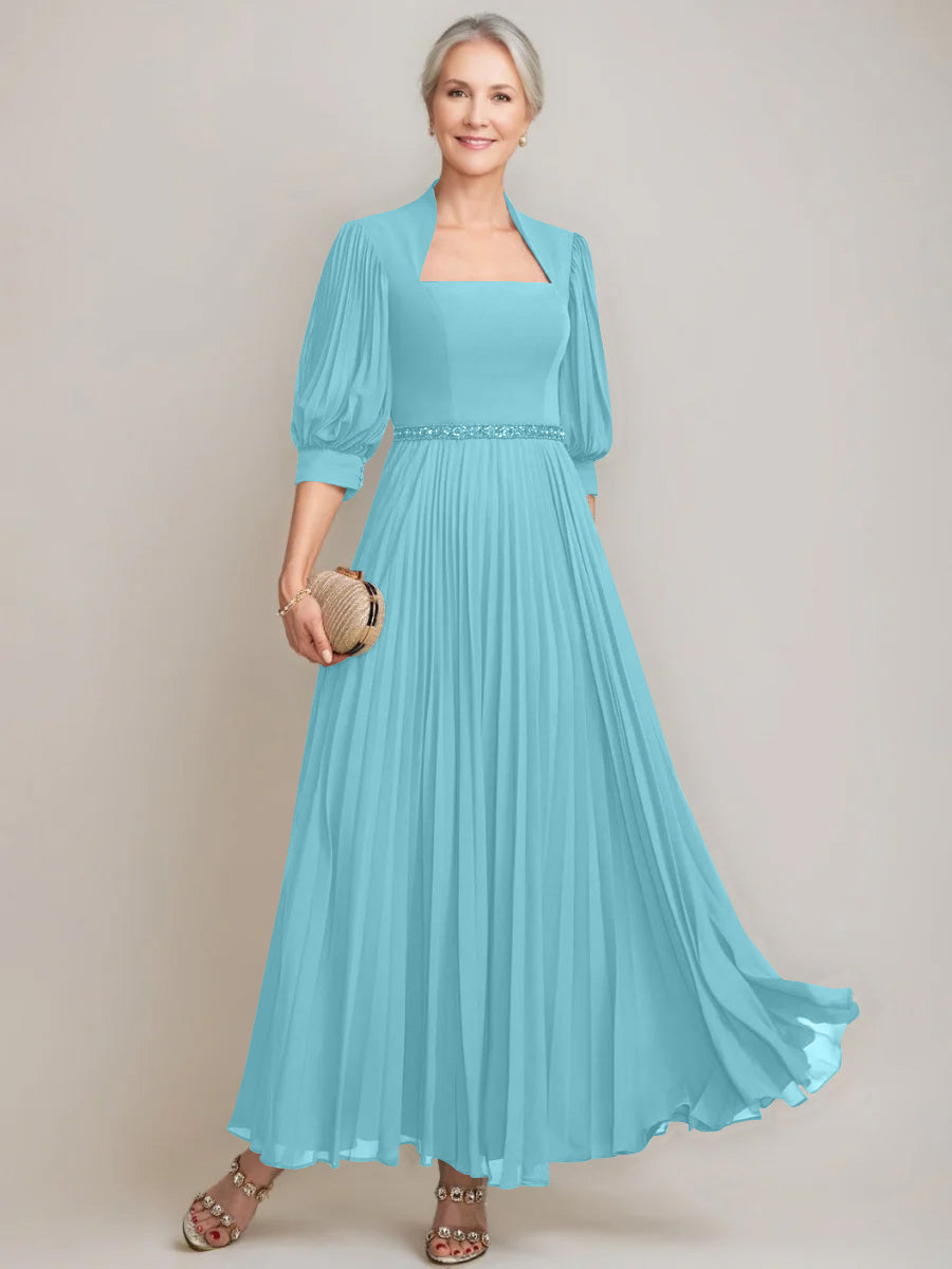 A-Line/Princess Queen Anne Neckline Ankle-Length Pleated Mother Of The Bride Dresses With Sequins & Beads BabaMila