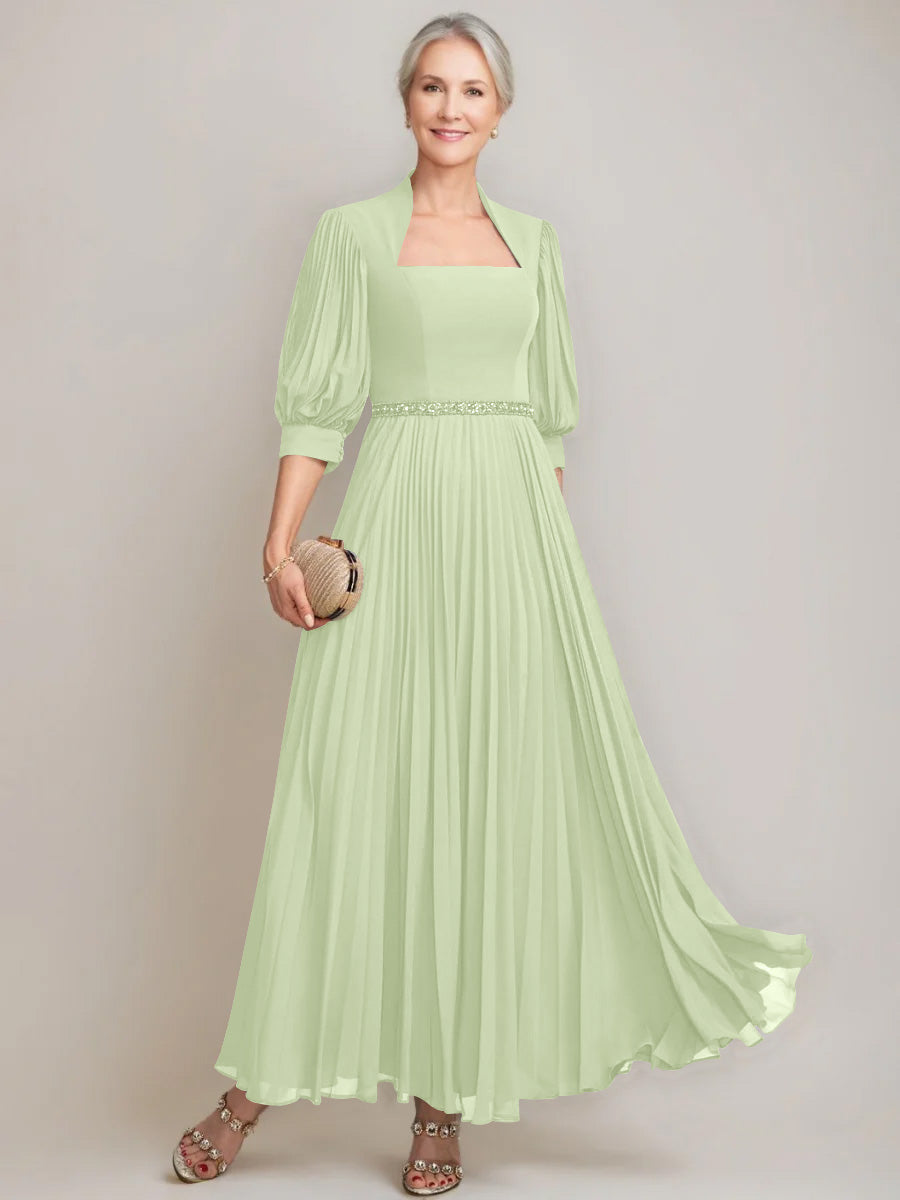 A-Line/Princess Queen Anne Neckline Ankle-Length Pleated Mother Of The Bride Dresses With Sequins & Beads BabaMila